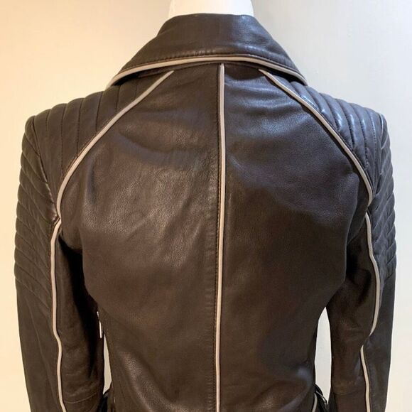 AllSaints Bixer Piped Biker Jacket Lamb Leather US 2 EU 34 UK 6 Women’s XS - Picture 7 of 10